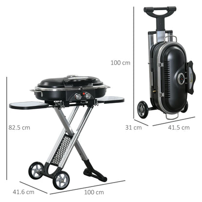 Foldable Gas BBQ Trolley with Side Shelves, Lid, Storage Pocket and Thermometer