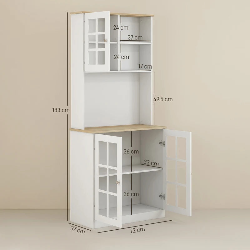 Freestanding Kitchen Cupboard / Pantry with 3 Clear Cupboards, 2 Open Style Shelves and Countertop