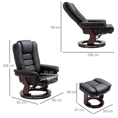 PU Leather Leisure Manual Armchair Recliner and Footrest Set with Swivel Wood Base - Black