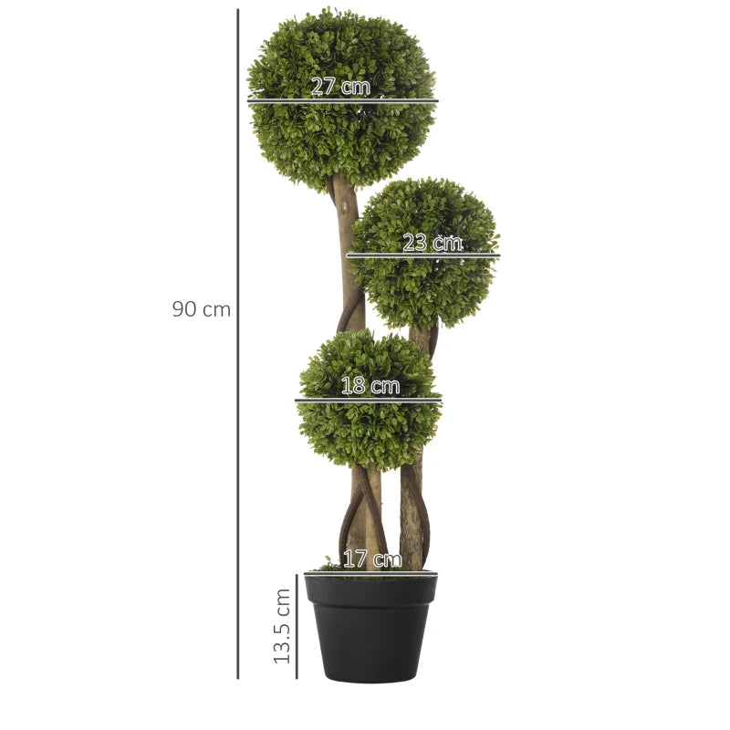 Decorative 3 Ball Shaped Boxwood Topiary Tree with Intertwining Branches - 90cm