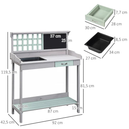 Two Tone - Garden Potting Bench Table with Chalkboard, Sink, Gridded Backboard and Underneath Storage