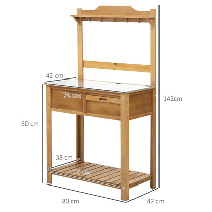 Wooden Potting Bench Table with Galvanised Metal Worktop, Sieve Screen, Shelf and Hooks