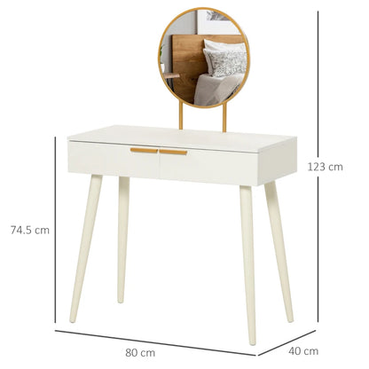 Modern Dressing Table with Gold Tone Circular Mirror and 2-Drawer Storage