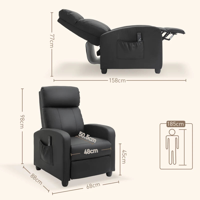 Reclining Massage Function Faux Leather Armchair with Adjustable Leg Rest & Side Pocket - Black