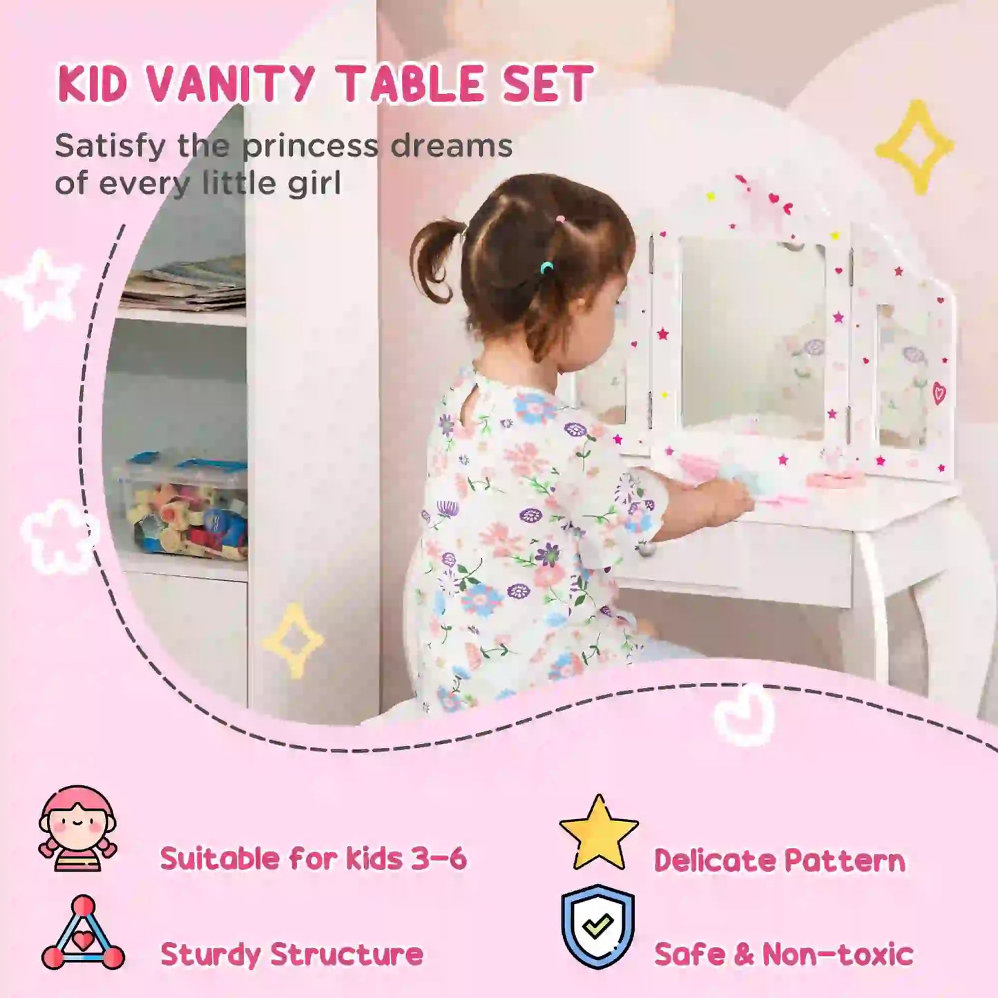 Kids Makeup Vanity Mirror Table with Chair and Folding Mirrors