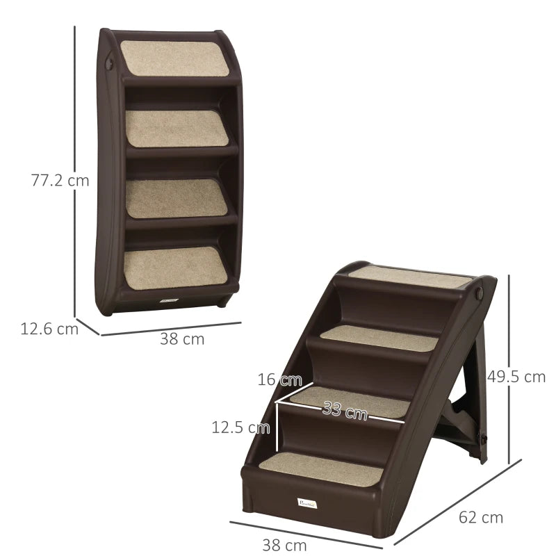 4-Step Foldable Pet Stairs with Plastic Surrounding and Anti Slip Carpeting - Brown