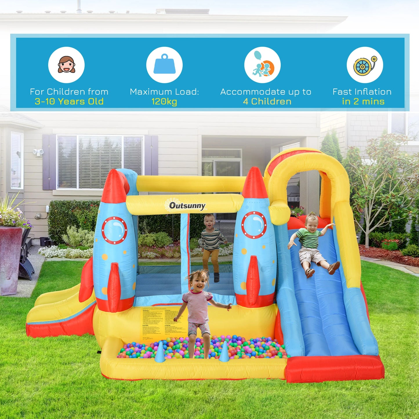 Kids Bouncy Castle with Rocket Ship Design and Paddle Pool