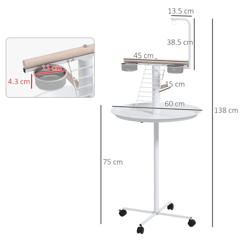 Mobile Bird Play Stand on Wheels with Perches, Stainless Steel Feeding Bowls, Ladder and Round Dropping Tray