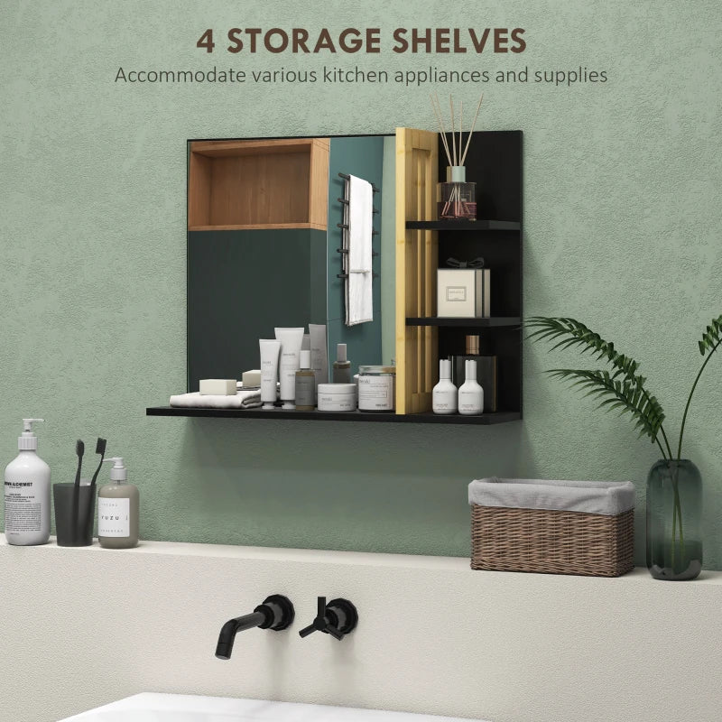 Mounted Wall Mirror with Bamboo Panel Split Open Style 3 Shelf Storage