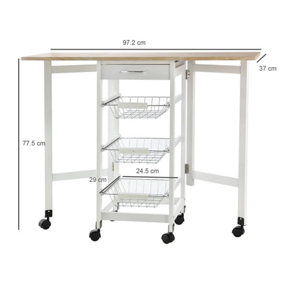 Drop Leaf Kitchen Cart Trolley with 3 Wire Basket Drawers and Extendable Countertop