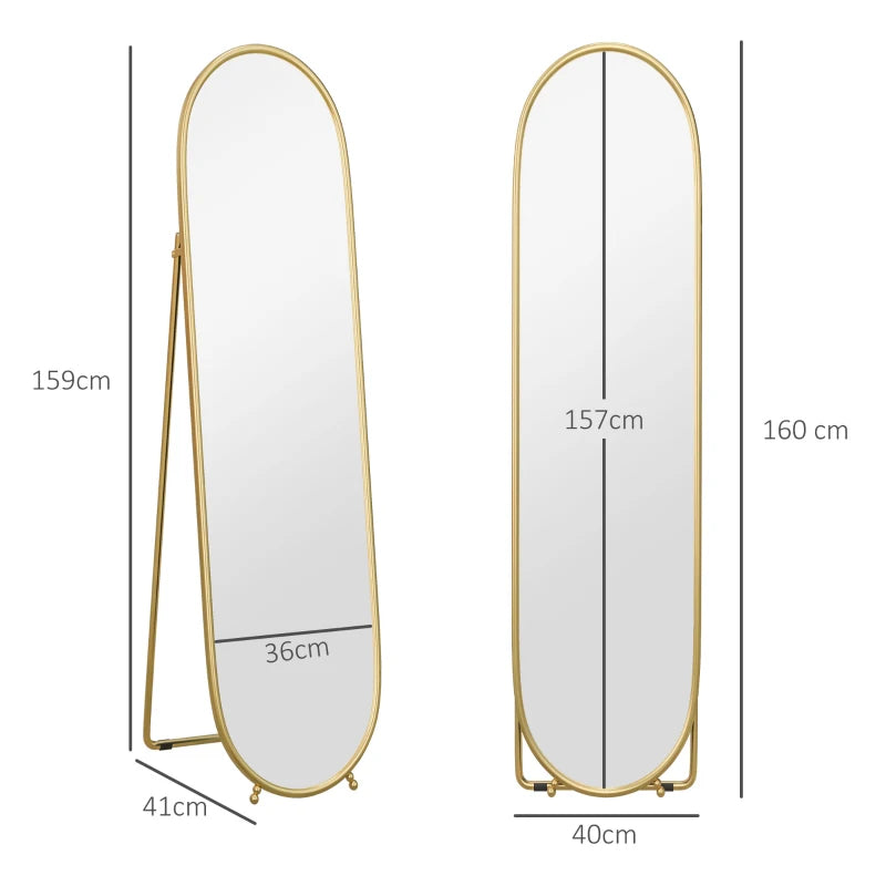 Curved Oval Shape Full Length Mirror - Freestanding or Wall Mounted - Gold Tone Bezel