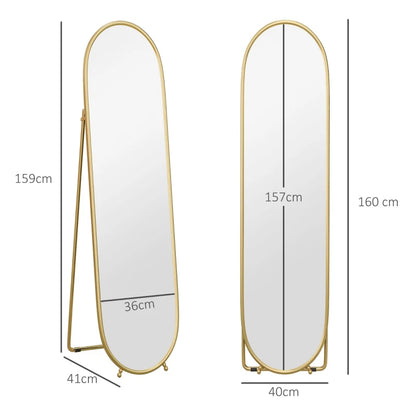 Curved Oval Shape Full Length Mirror - Freestanding or Wall Mounted - Gold Tone Bezel