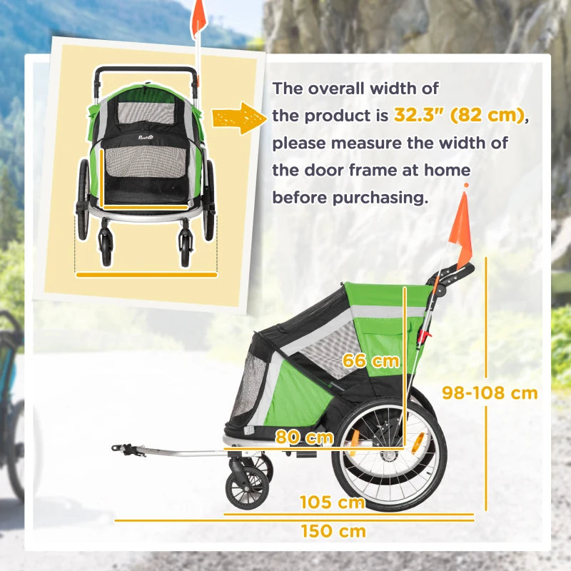 2-in-1 - Dog Bike Trailer / Pet Stroller with Safety Leash and Hitch Coupler - Green