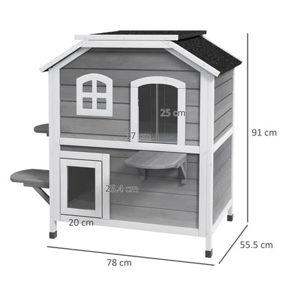 2-Story Cat Mansion with Openable Roof, Jumping Platforms and Front Door - Grey