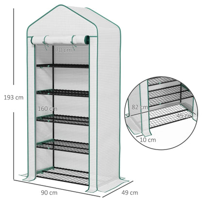 5-Tier Slimline Tall Greenhouse with Roll-Up Door and Wire Shelves - White / Green