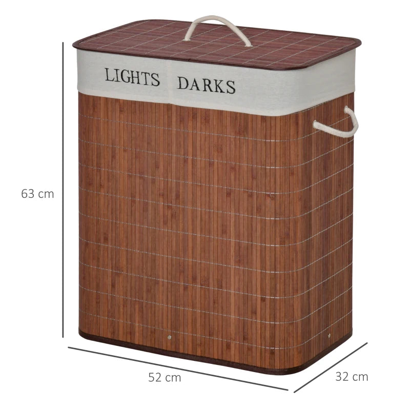 Lights & Darks - Laundry Basket Separator with Lid String Handles & 2 Sections - Brown Wood Effect