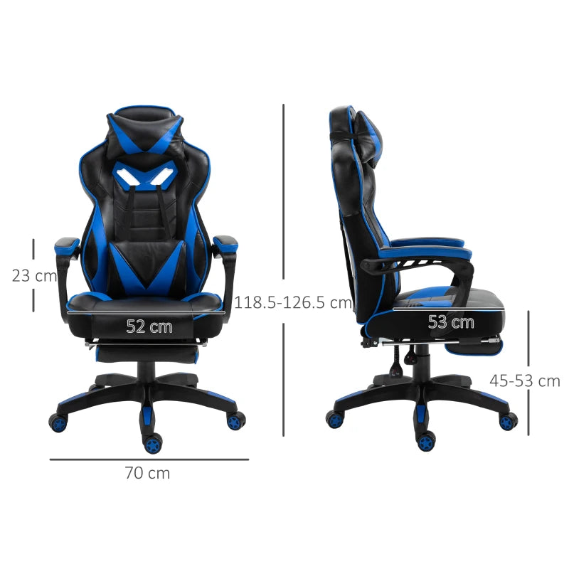 Computer Gaming Chair with Lumbar Support and Footrest - Blue / Black