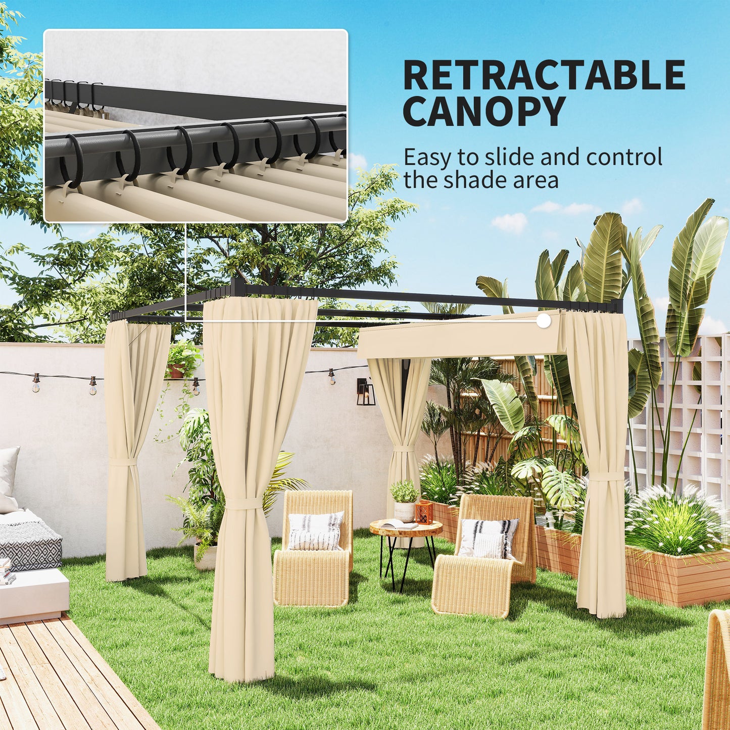 3 x 3m Retractable Roof Pergola, with Curtains - Khaki
