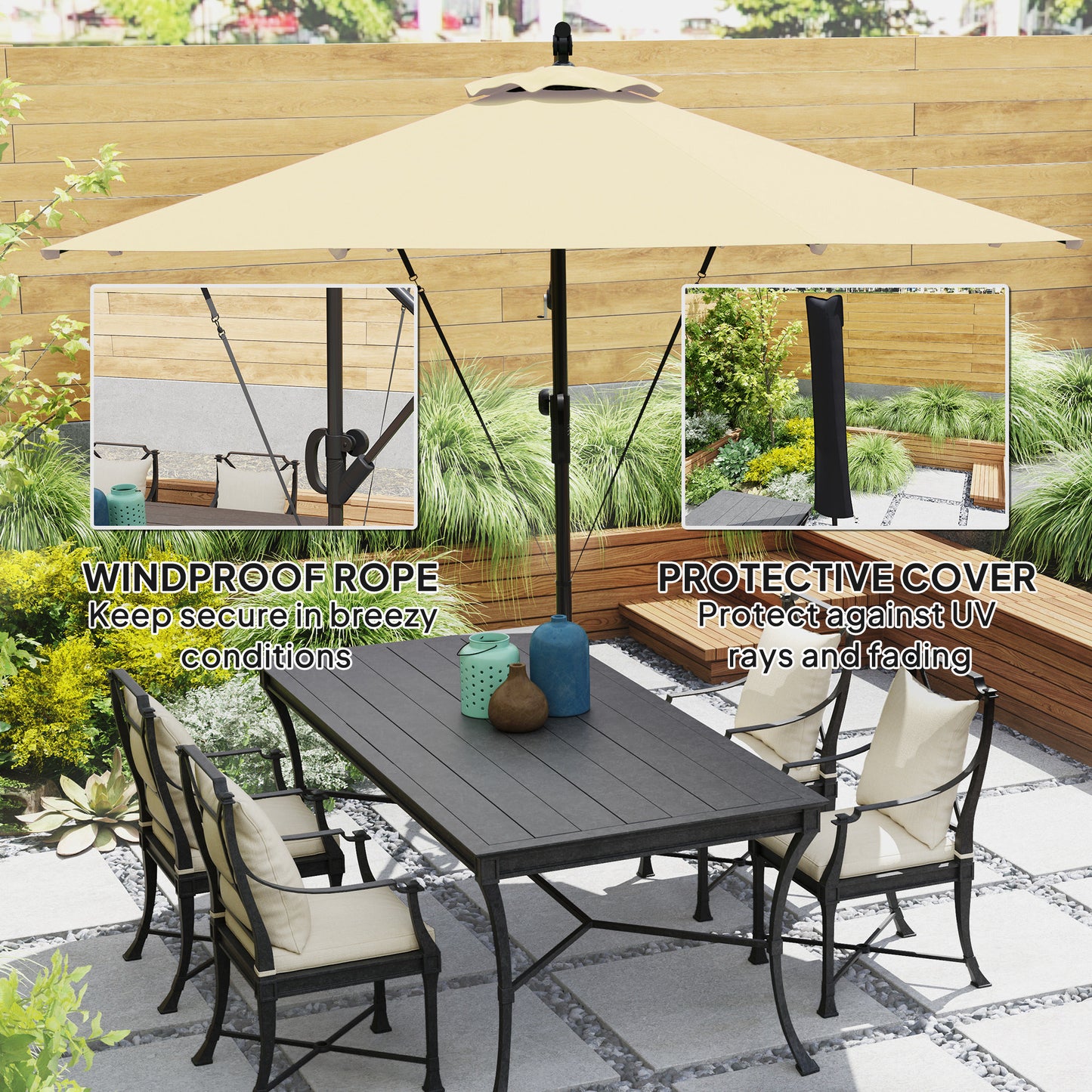 3(m) Garden Cantilever Parasol with Cover and Wind Protection Strap, Round Overhanging Umbrella with Crank Handle and Tilt