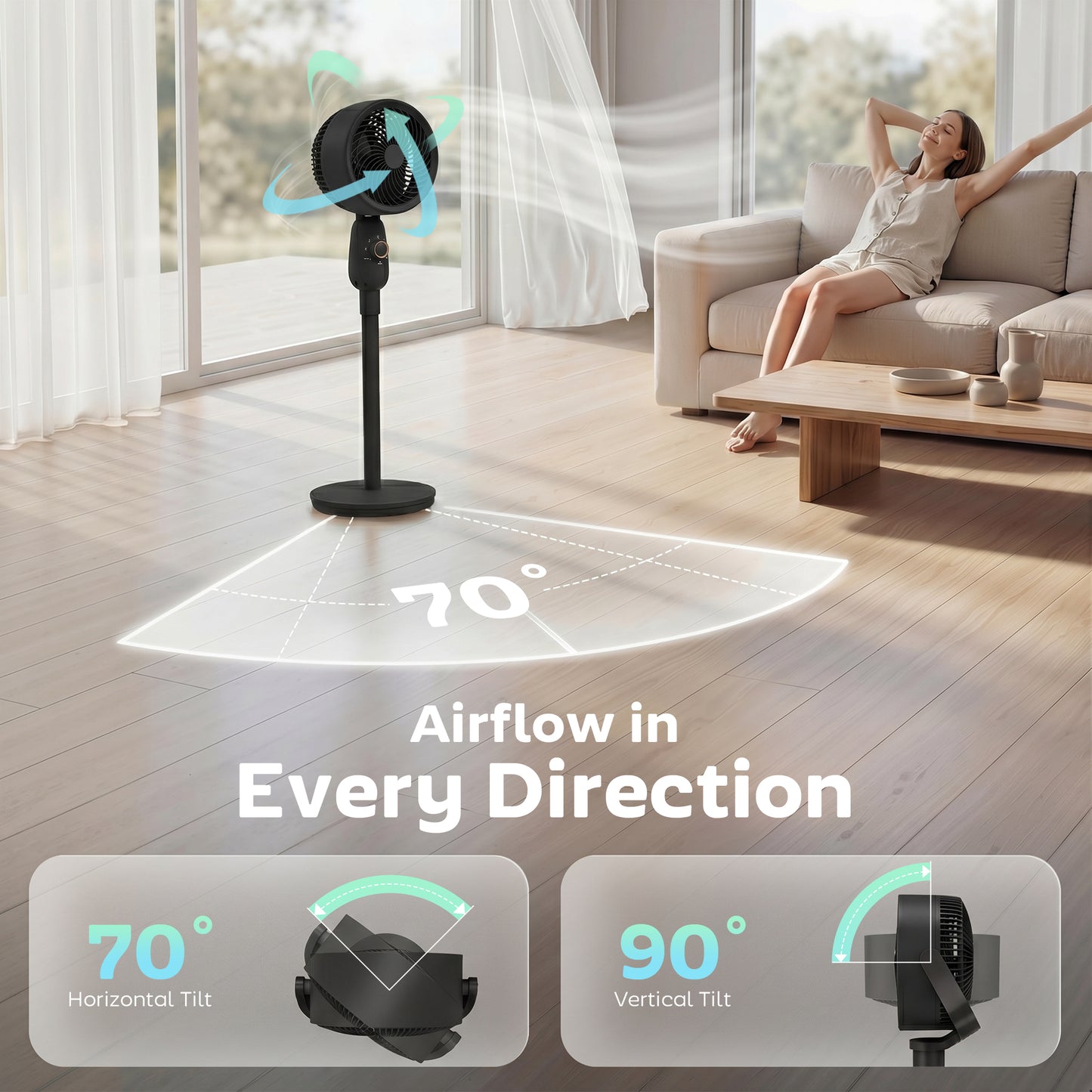 Pedestal Fan, Powerful Air Circulator, 36 Inch Floor Standing Fan with 3 Speed Settings, 70° Oscillating for Bedroom
