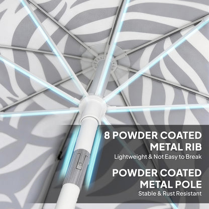 1.8 m Beach Umbrella Parasol with Sand Anchor, Portable Tilting Garden Parasol with Adjustable Height, Light Grey