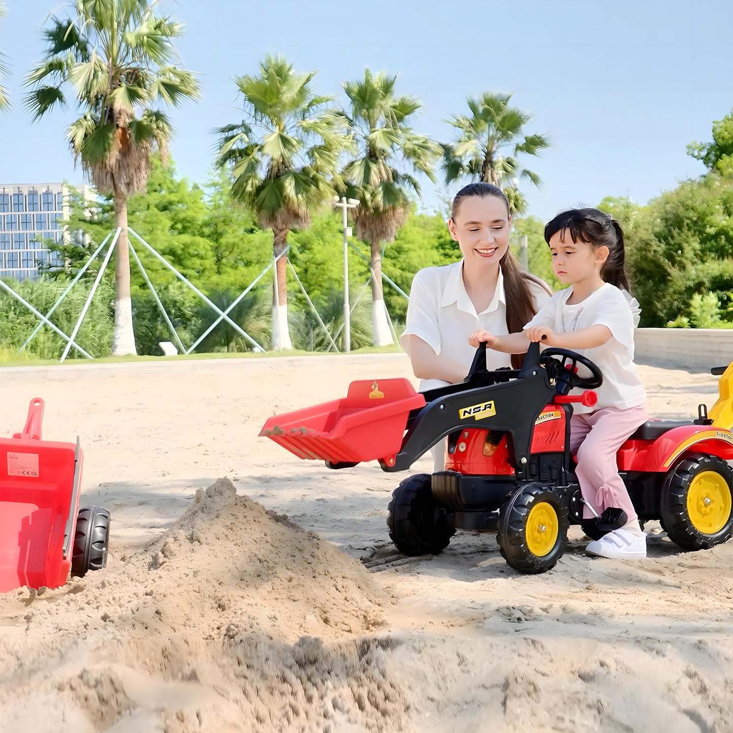 Ride On Tractor for Kids, 3 in 1 Ride On Excavator Toy Car with Adjustable Bucket, Digger and Removable Trailer