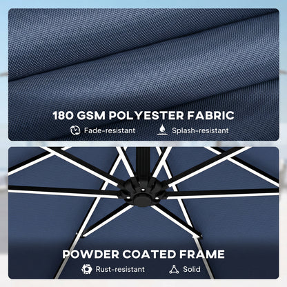 3 m Garden Cantilever Parasol with LED Solar Light, Round Overhanging Umbrella with 360° Rotation, Cover, Navy Blue
