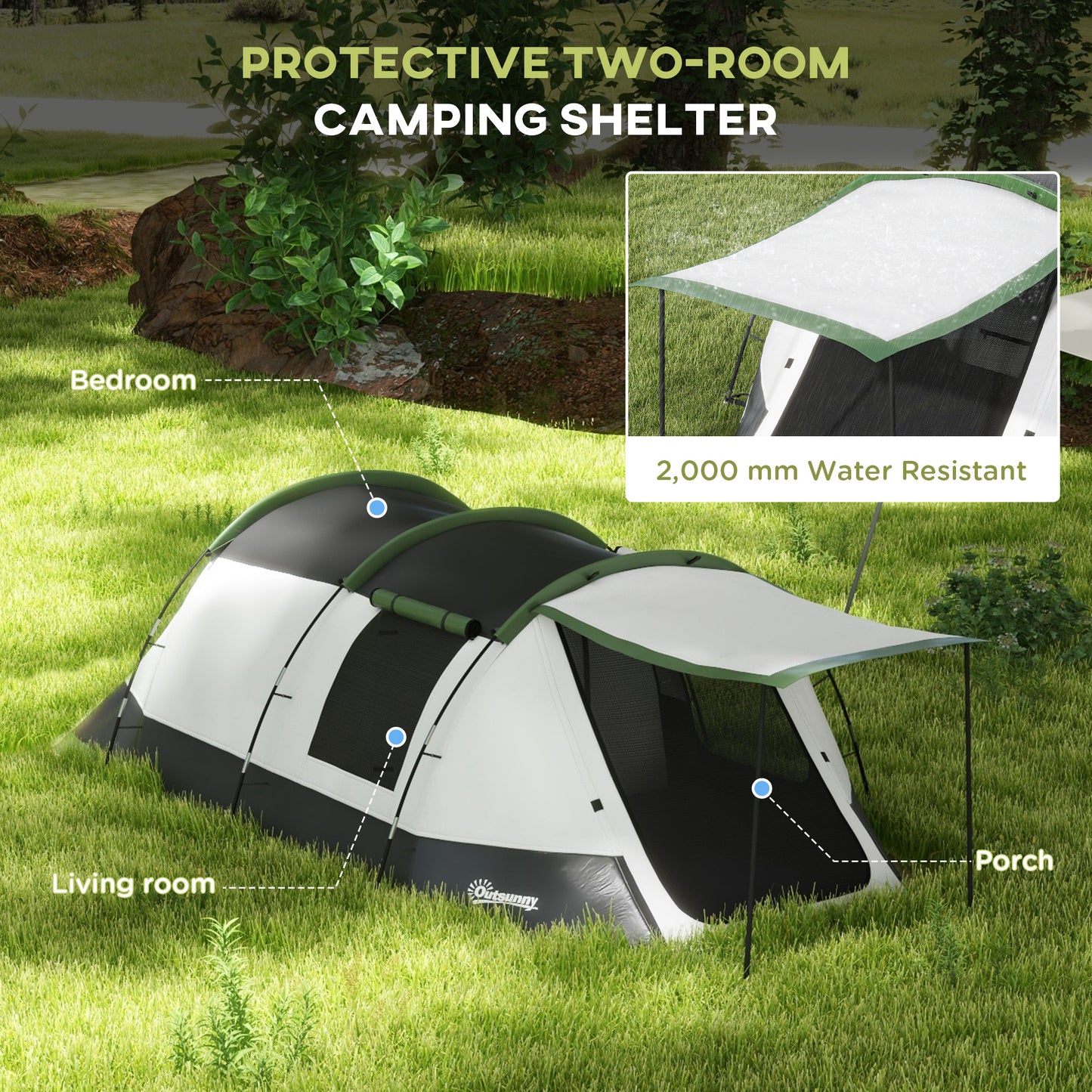 2 Man Camping Tent, with Two Rooms and Porch - Green