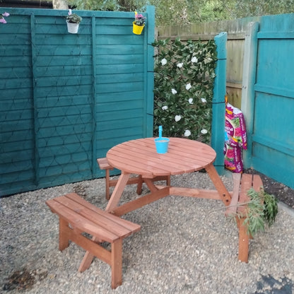 Wooden Garden Dining Set, 6 Seater Round Dining Picnic Table with Matching Bench