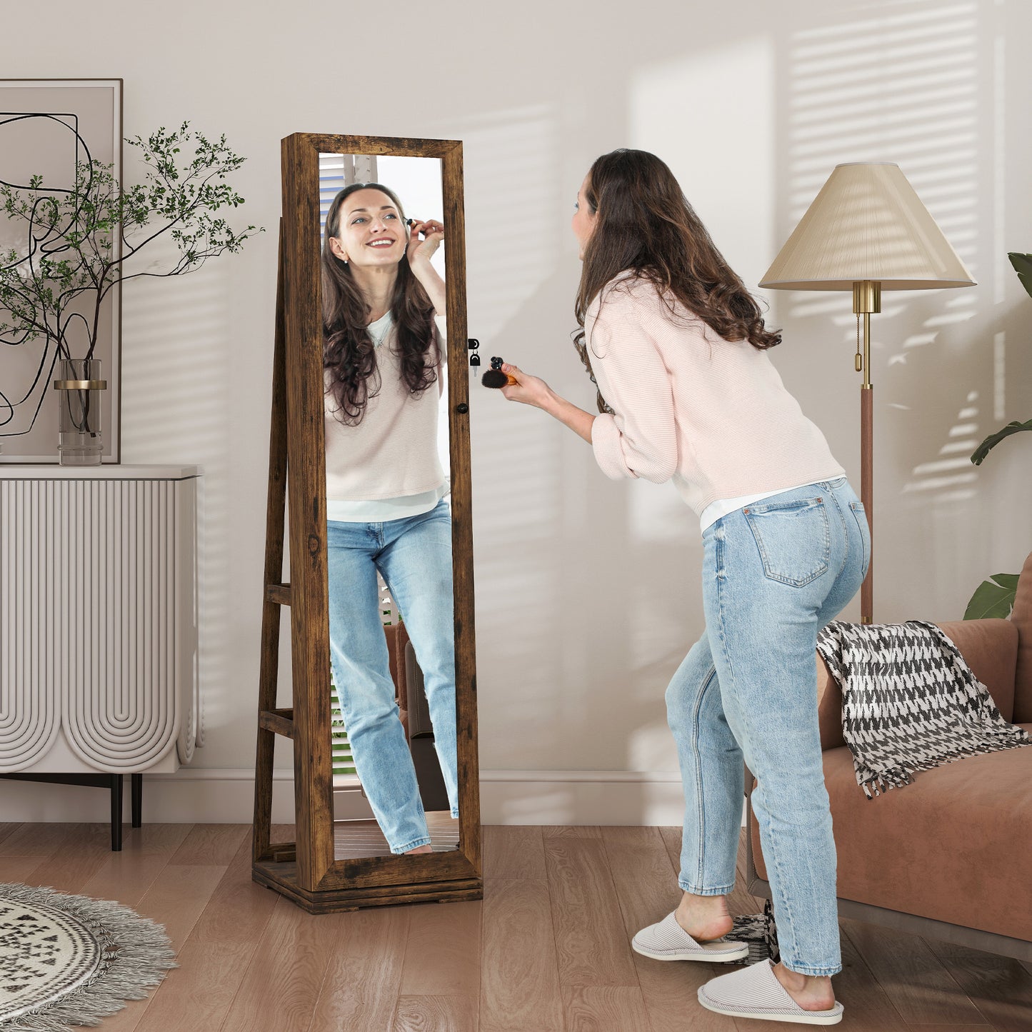 360° Swivel Jewellery Cabinet, Free Standing Full Length Mirror with Storage