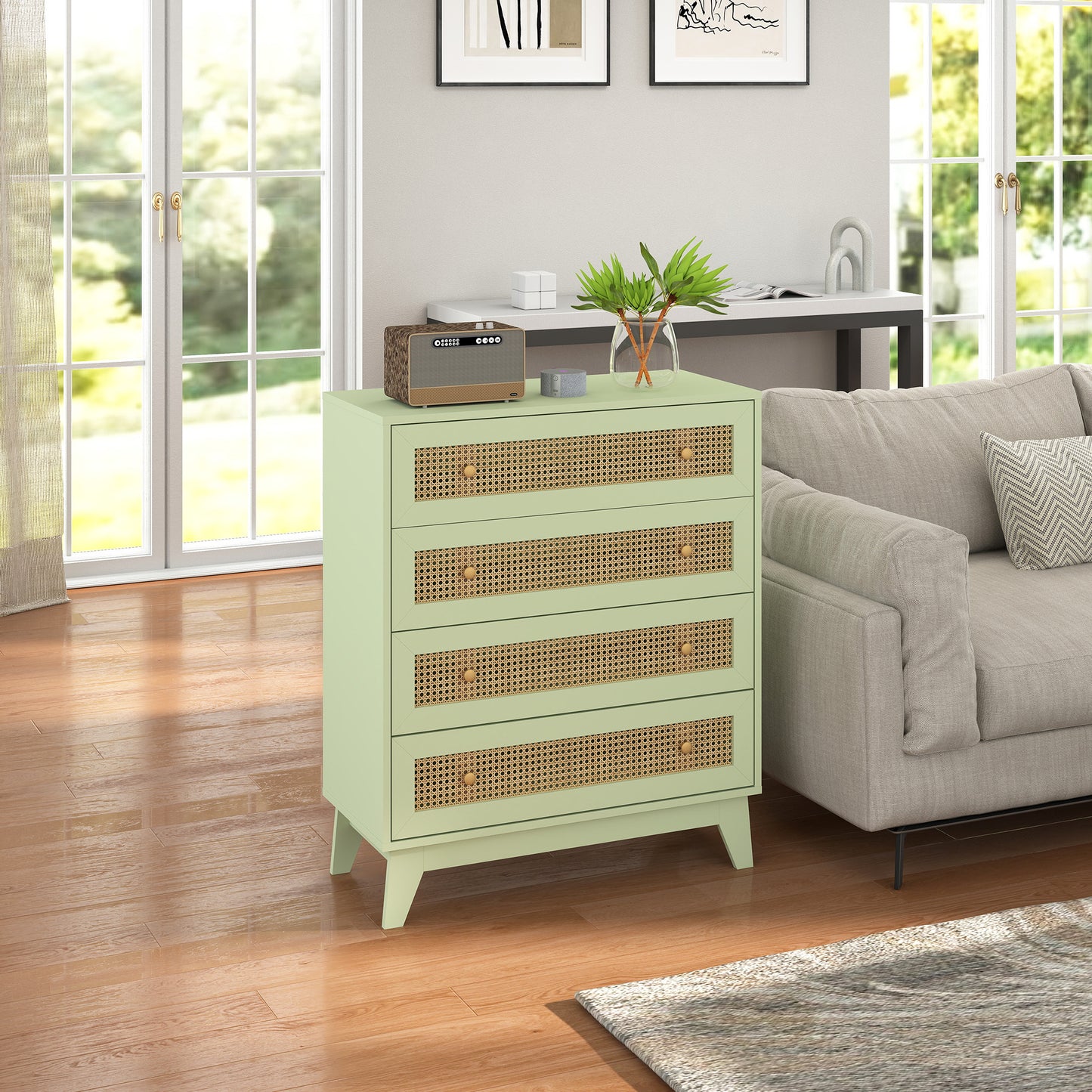 Rattan Chest of Drawers, 4 Drawer Storage Unit with Tapered Legs, Bedroom Storage Organiser Dresser for Bedside, Entryway