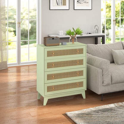 Rattan Chest of Drawers, 4 Drawer Storage Unit with Tapered Legs, Bedroom Storage Organiser Dresser for Bedside, Entryway