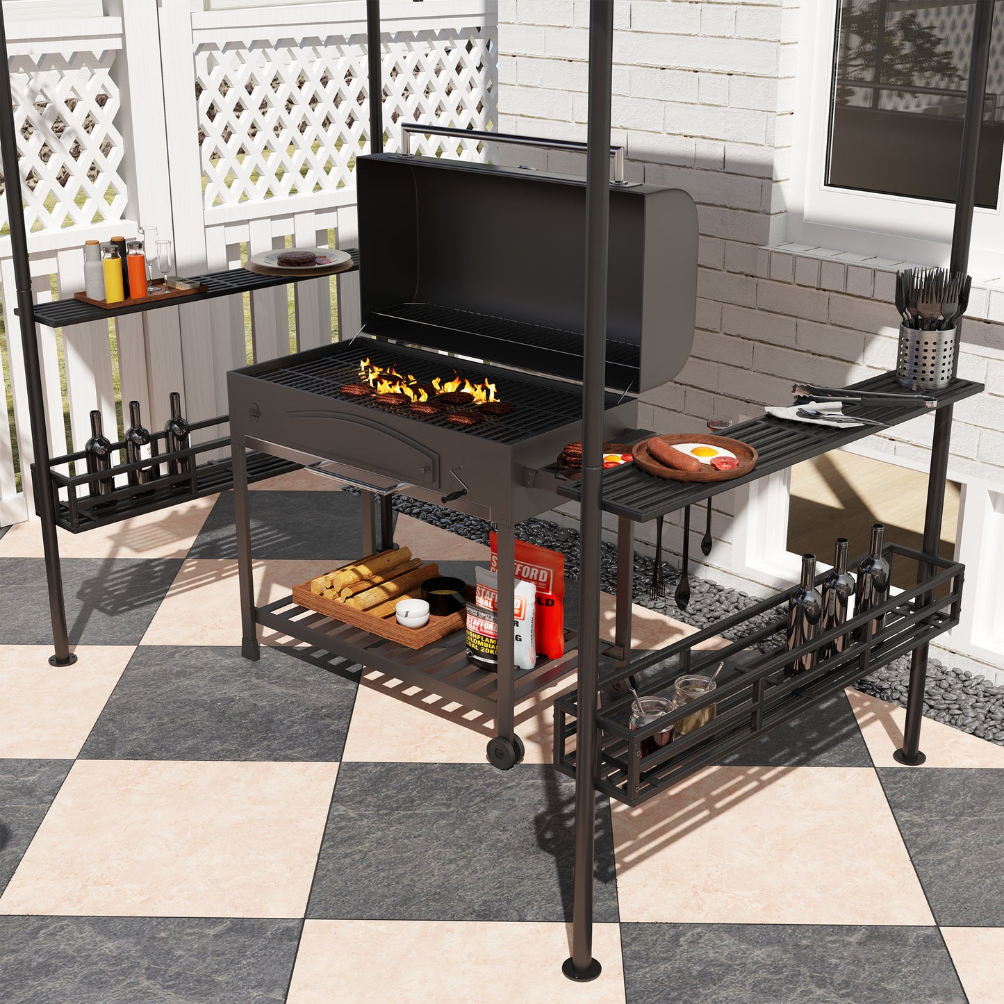 240 x 150cm Grill Gazebo Canopy, Double Tiered Outdoor BBQ Gazebo Shelter with 2 Side Shelves, Storage Baskets