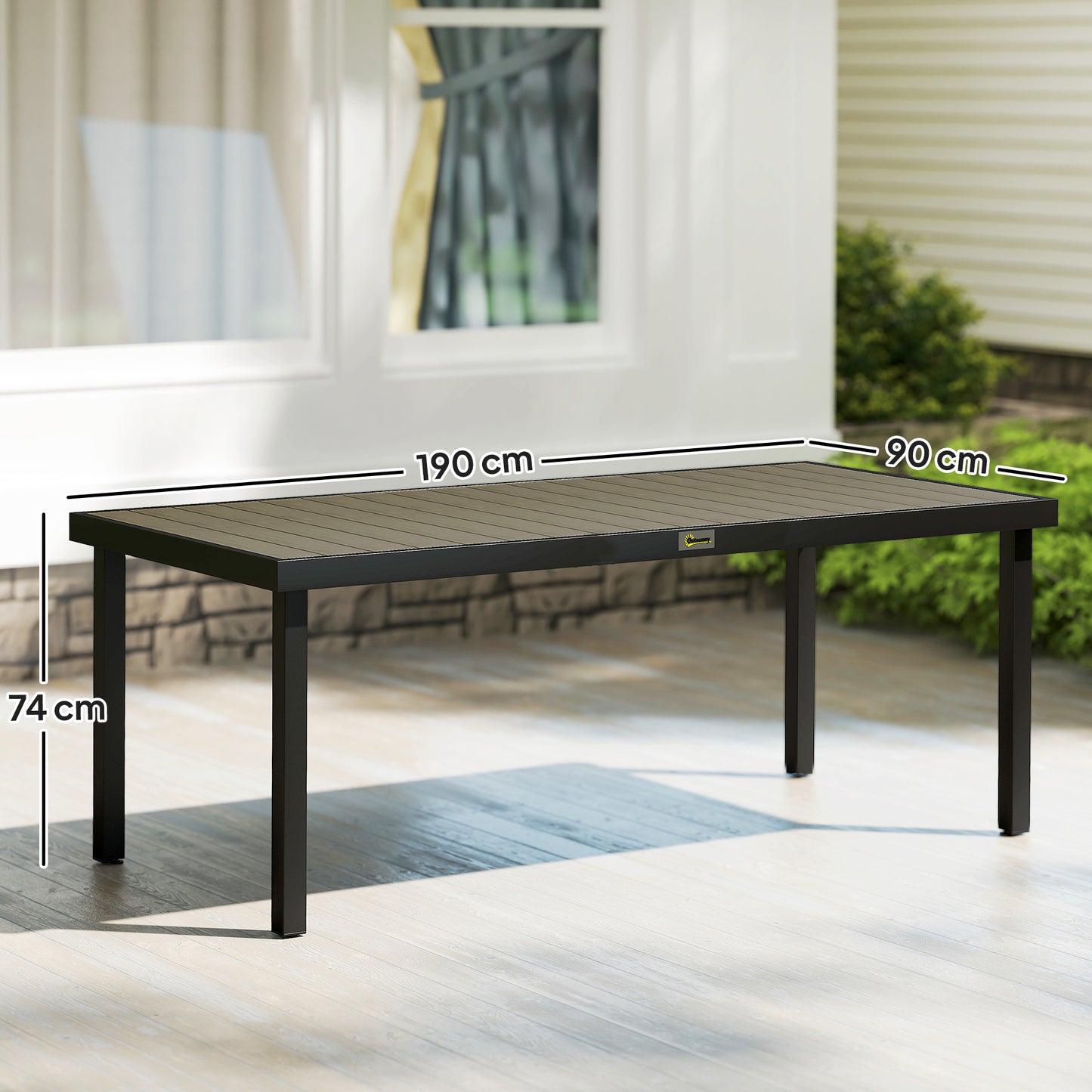 Aluminium Outdoor Garden Dining Table for 8 People, Faux Wood Top, for Garden, Patio, 190 x 90 x 74cm, Brown