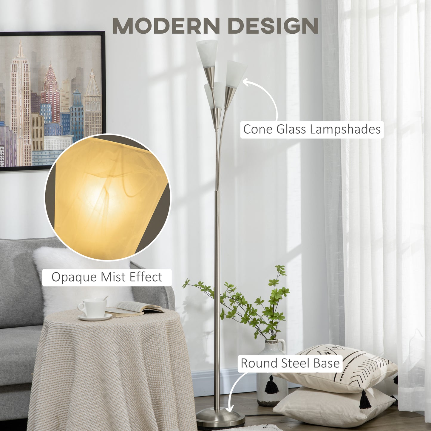 Modern Standing Lamp, 3-Light Upright Floor Lamps for Living Room, Silver Tone