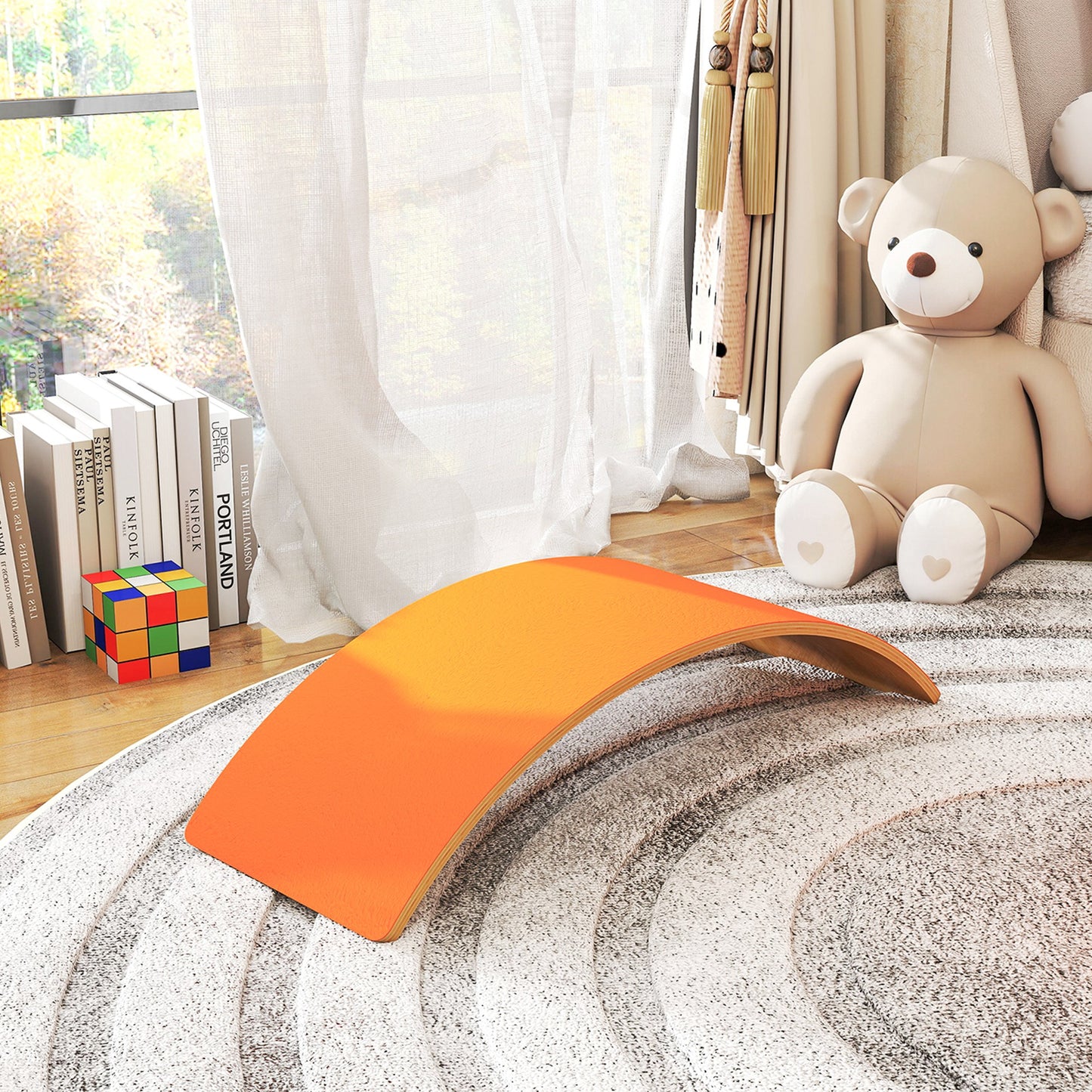 Wooden Balance Board for Kids, Wobble Board with Silent Felt for Sensory Play, Orange