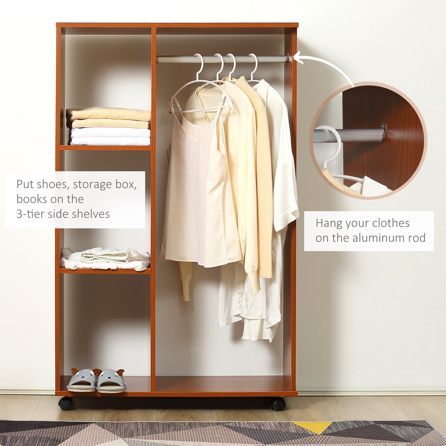 Open Wardrobe on Wheels, Bedroom Wardrobe with Clothes Hanging Rail, 3 Storage Shelves, Mobile Garment Rack for Cloakroom