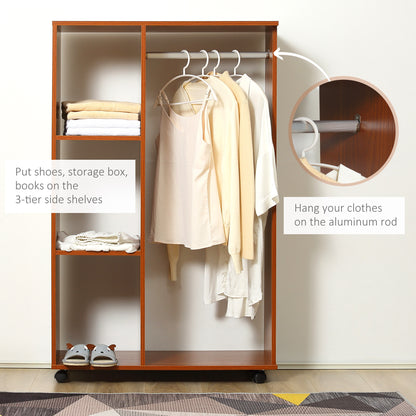 Open Wardrobe on Wheels, Bedroom Wardrobe with Clothes Hanging Rail, 3 Storage Shelves, Mobile Garment Rack for Cloakroom