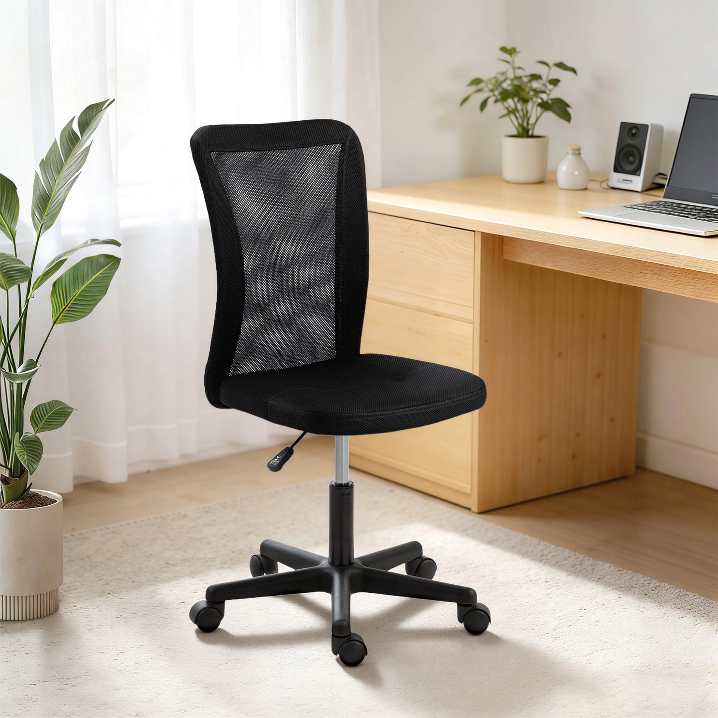 Computer Desk Chair, Armless Mesh Office Chair with Adjustable Height and Rolling Wheels, Black