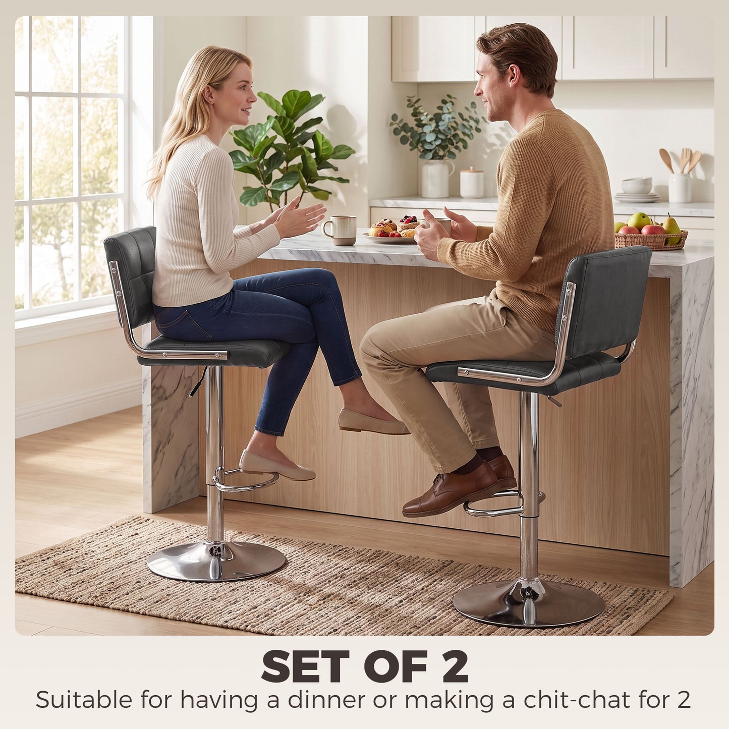 Bar Stools Modern PU Leather Adjustable Breakfast Bar Stools Backrest Set of 2 Grey