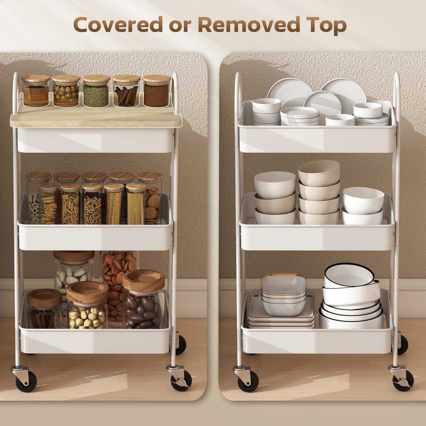 3-Tier Kitchen Storage Trolley with on Wheels Cover Top Board - White and Oak