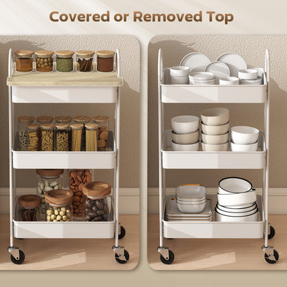 3-Tier Kitchen Storage Trolley with on Wheels Cover Top Board - White and Oak
