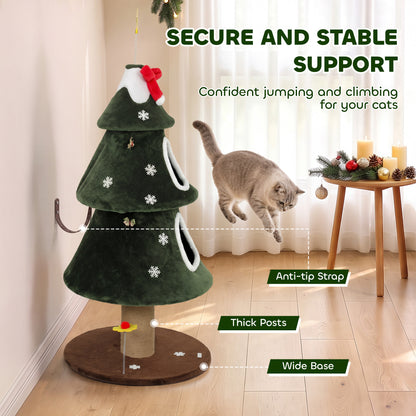Cat Tree, Christmas Cat Tower with Dual Condos, Sisal Ladder, Jute Posts, Anti-Tip Rope, Hanging Balls, 60 x 60 x 132 cm