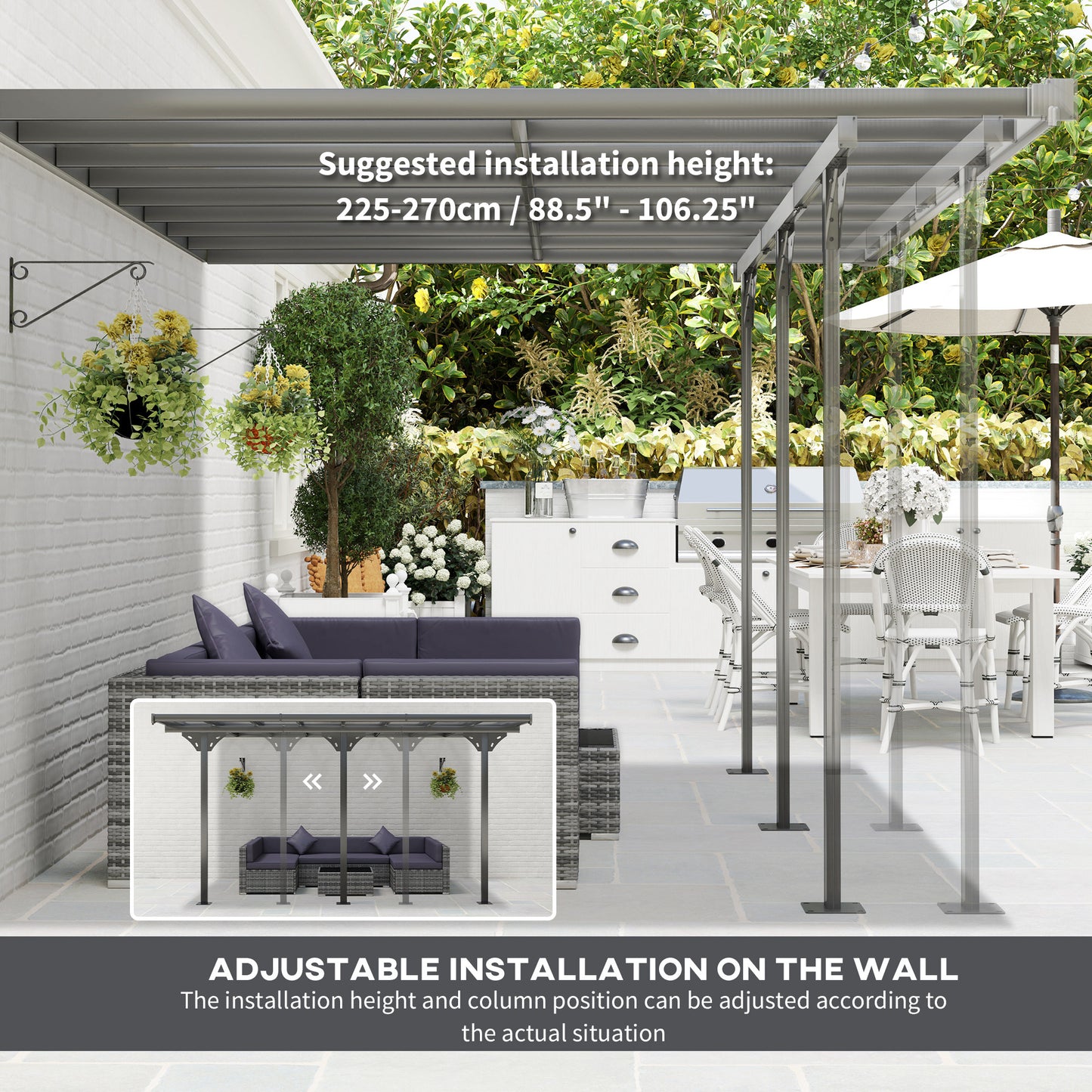 4.35 x 3m Outdoor Patio Gazebo Pergola, Retractable Pergola Canopy Aluminum Post & PC Roof, Grey