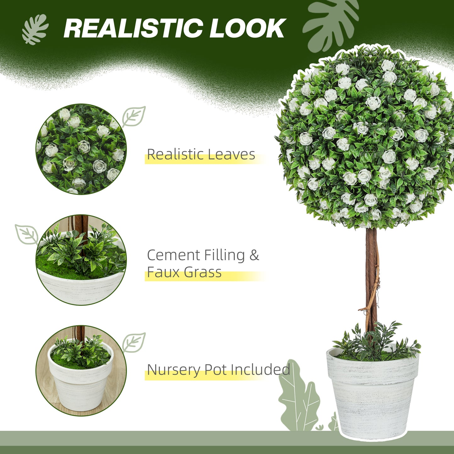 Set of 2 Decorative Artificial Plants, Ball Topiary Tree with Rose Flower in Pot, Fake Plants for Home Indoor Outdoor Decor