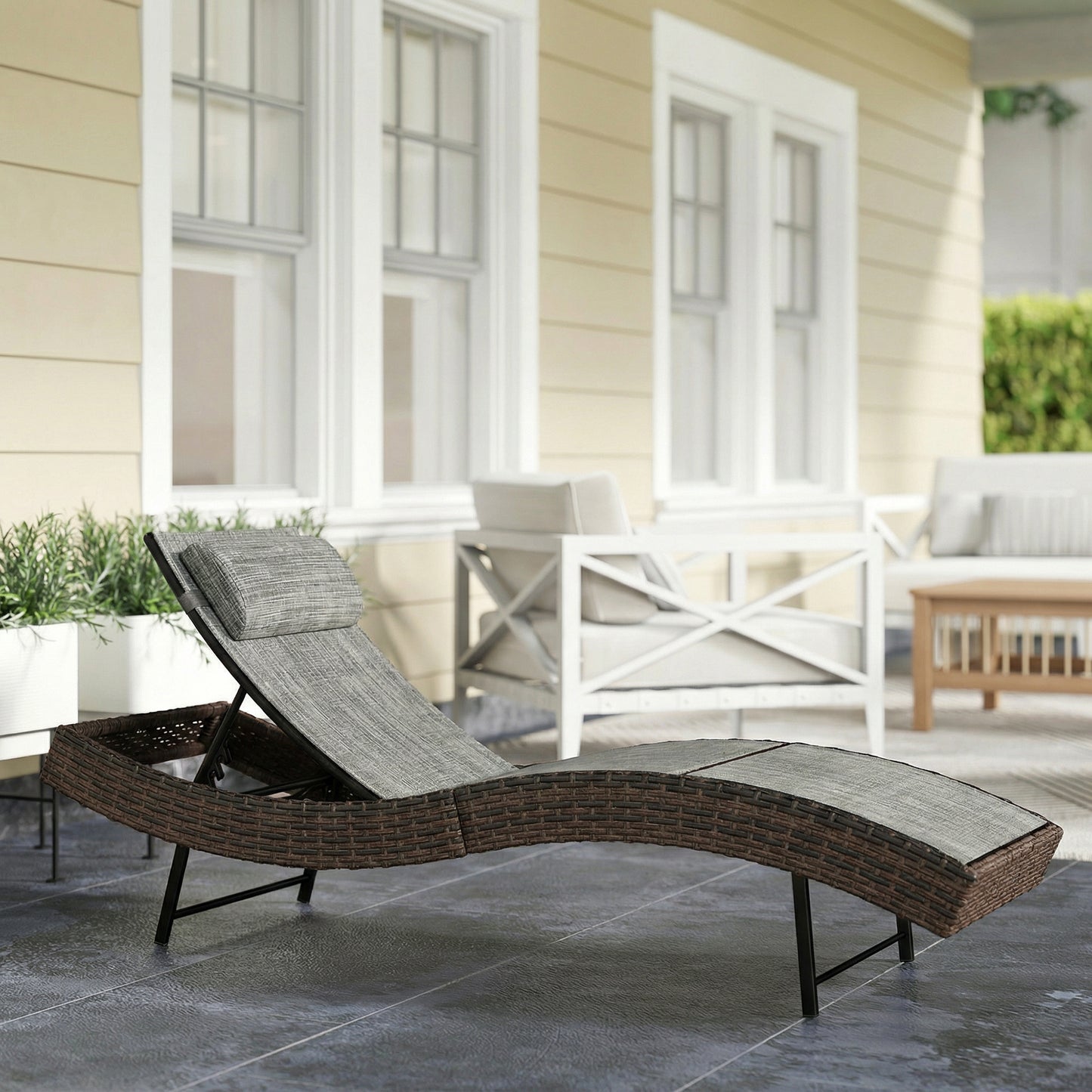 Rattan Sun Lounger, Garden Recliner with 5 Position Adjustable Back, S Shaped Texteline Seat, Headrest, Brown