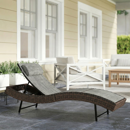 Rattan Sun Lounger, Garden Recliner with 5 Position Adjustable Back, S Shaped Texteline Seat, Headrest, Brown
