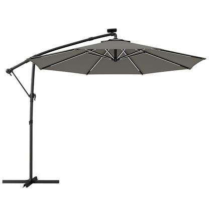3 m Garden Cantilever Parasol with LED Solar Light, Round Overhanging Umbrella with 360° Rotation, Cover, Grey