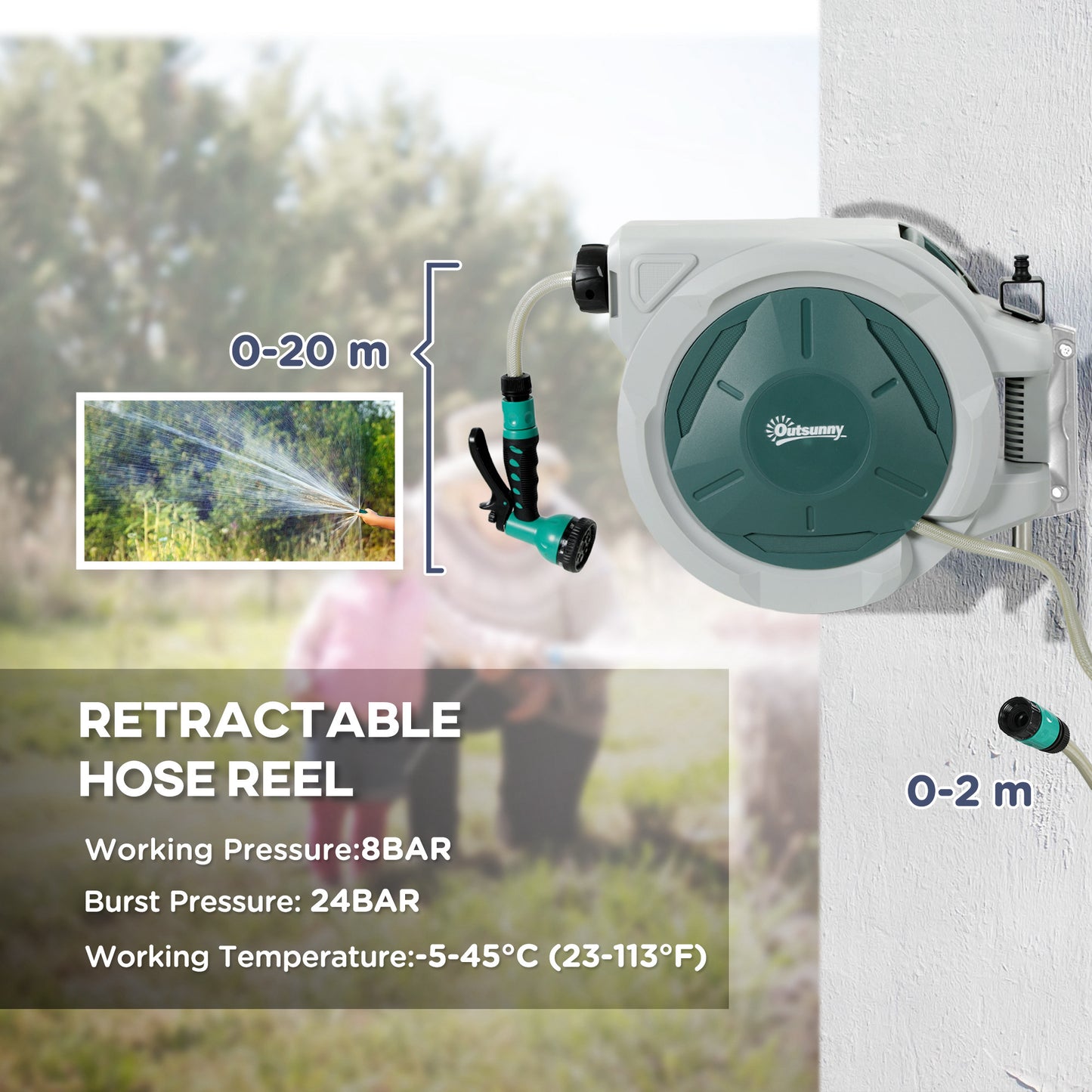 Retractable Hose Reel Wall Mounted, 20+2m Garden Hose Pipe Reel with Lock, Auto Rewind, 7 in 1 Spray Nozzle