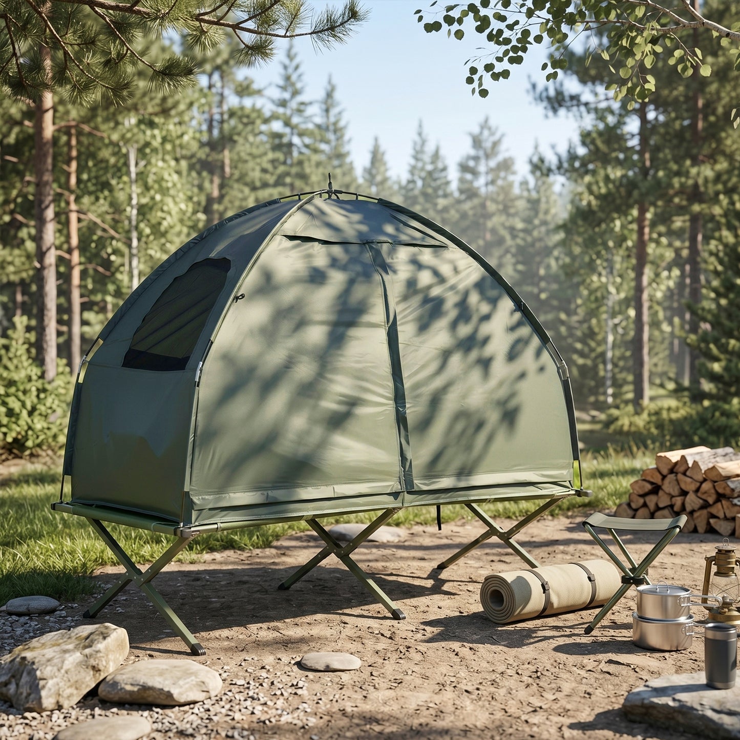 1 person Foldable Camping Tent w/Sleeping Bag Air Mattress Outdoor Hiking Picnic Bed cot w/Foot Pump